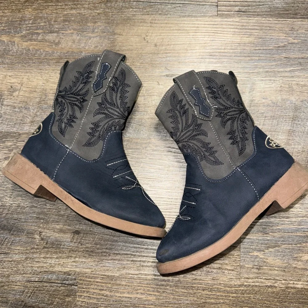 Pawz Kids Size 13 Cowboy Boots Navy Gray Western Embroidered Boys Girls Zip